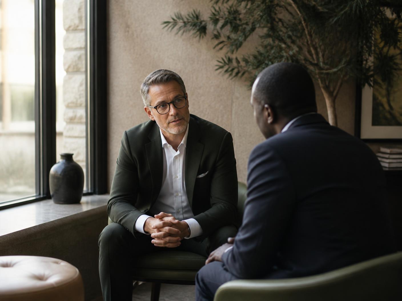 Two business leaders in a considered conversation beside a window