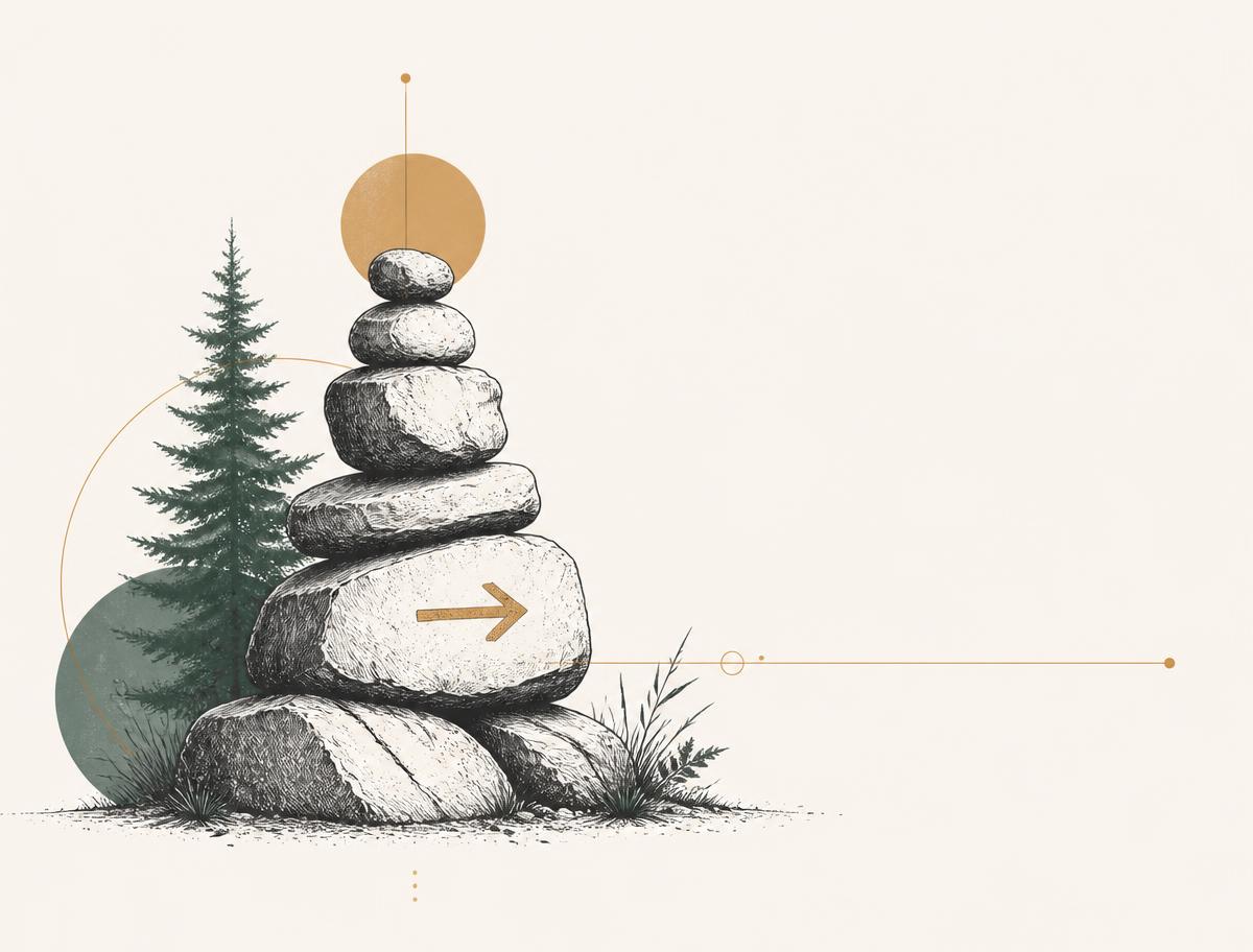 Illustration of a stone cairn marking a route, the Guidestone symbol