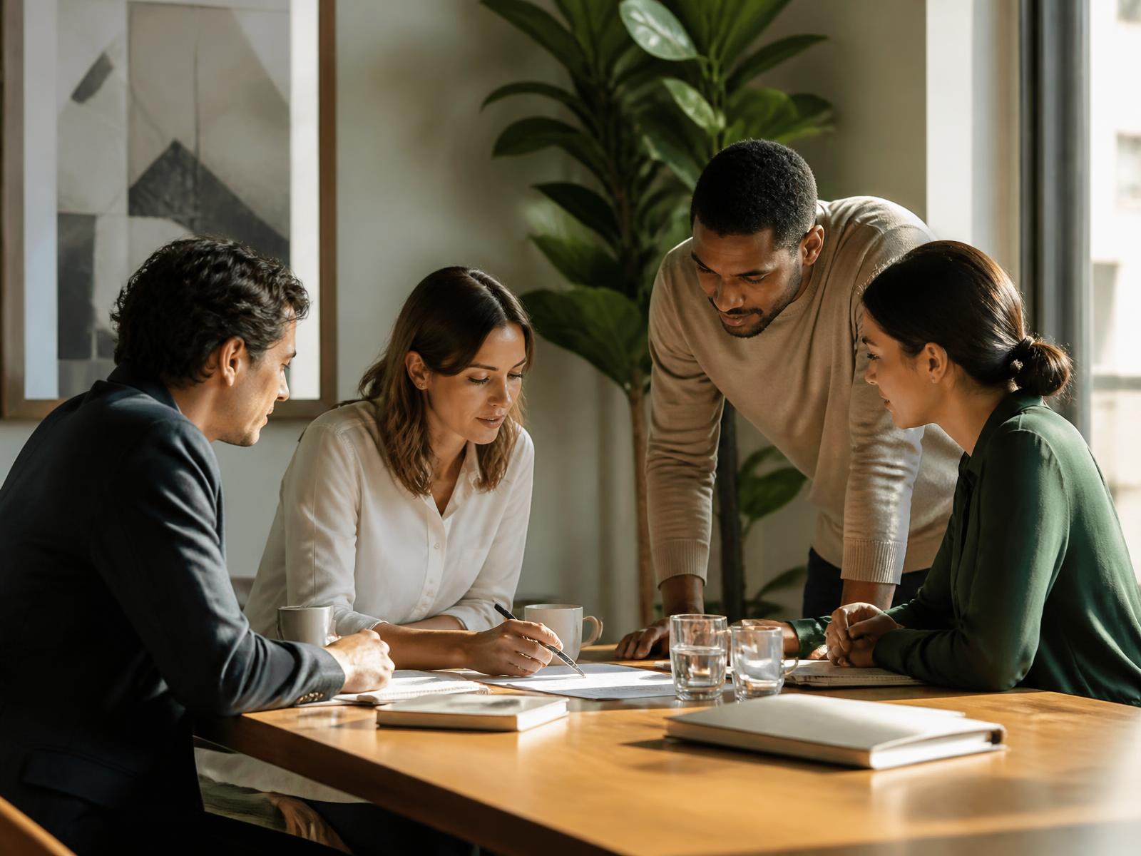A leadership team reviewing plans together around a table in a sunlit office